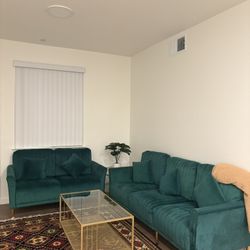  Modern Green Velvet Sofa Set & Gold Glass Coffee Table