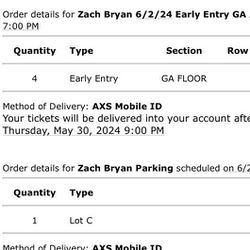 4 Floor Seat Tickets Zach Bryan