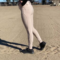 *LARGE* Beige Full-Seat Riding Leggings With Cell-Phone Pocket