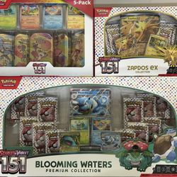 151 Pokemon Bundle 26 packs: 151 Blooming waters, 151 Costco Mini Tins, 151 Zapdos Ex Box