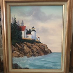 Vintage Original Lighthouse/Nautical Signed & Framed Painting On Canvas 21 X 28”