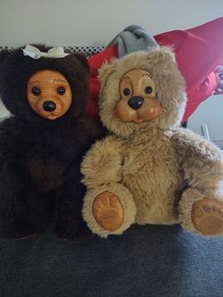 Vintage Robert Raikes Teddy Bears - Wooden Face & Paws (Pair)
