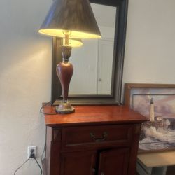 Night stand, Wooden Rose Lamp, and Mirror