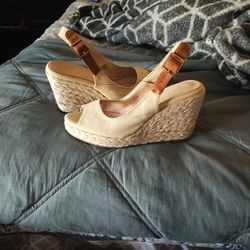 Very Nice Wedges 7 1/2/  Beige With Brown Leather Strap 
