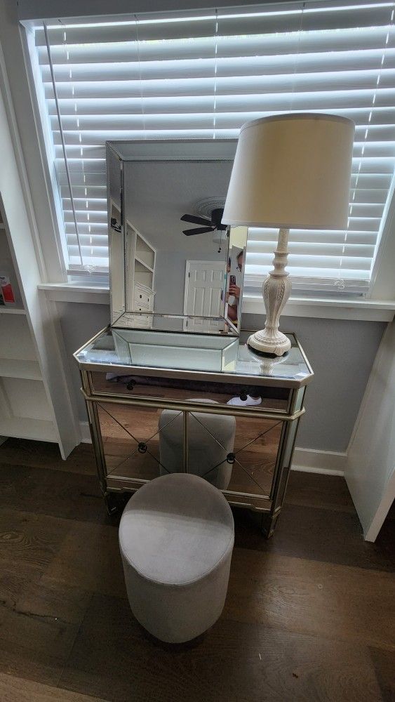 nightstand, mirror, lamp and stool