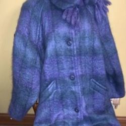 NEW Vintage Donegal Design 70% mohair Ireland Coat/jacket purple green plaid sz 8/10