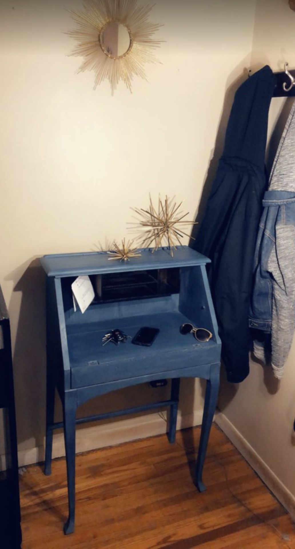Repurposed secretary table entry way table side table or nightstand refinished blue