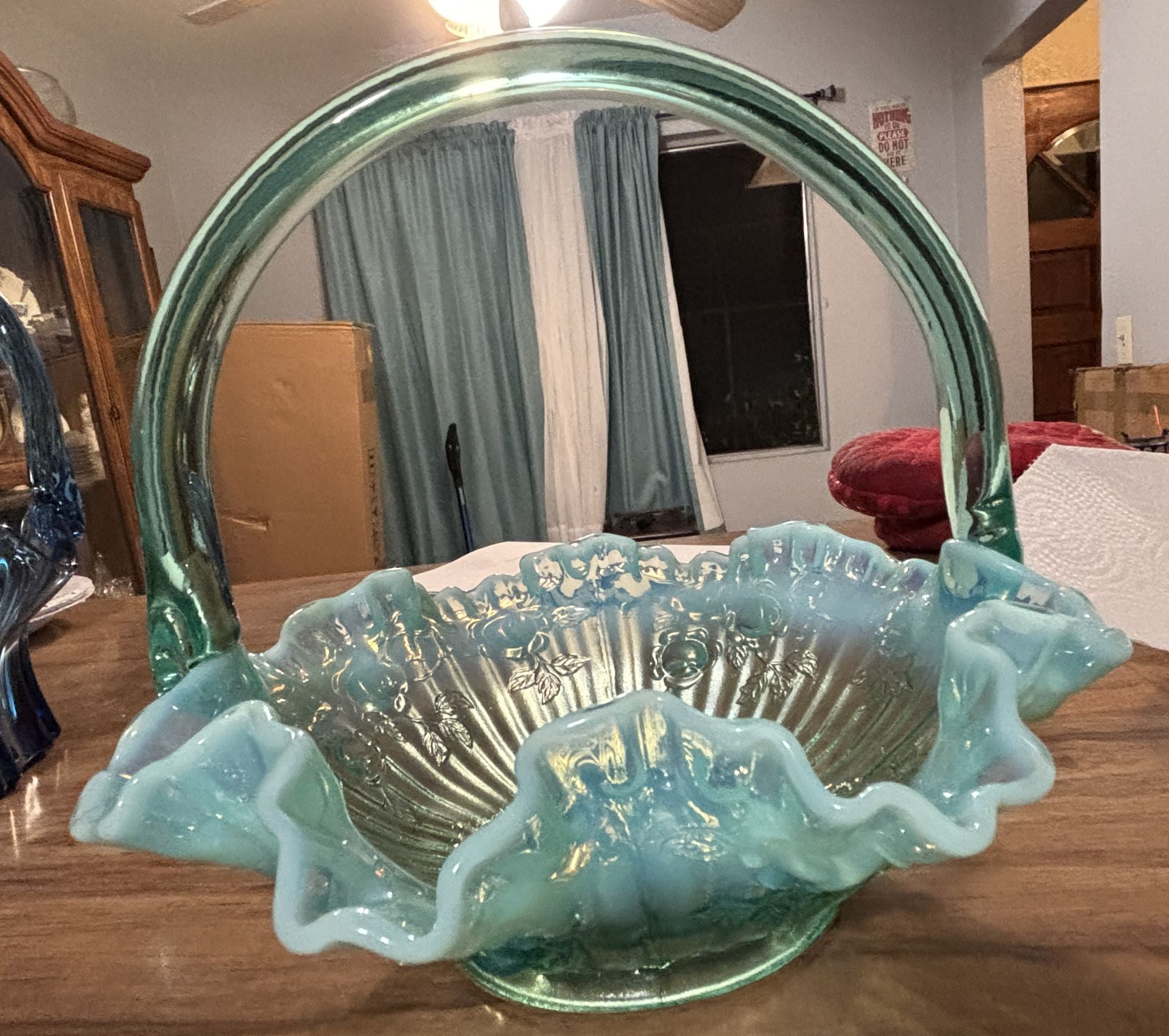Fenton Sea Mist Green Opalescent Rose Basket (c.1980)
