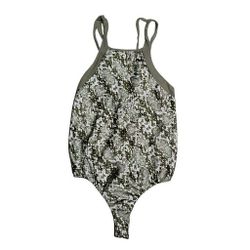 Free People Moss Green Nights Out Snakeskin Print Bodysuit top Small

