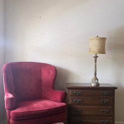 Queen Anne Chair, nightstand, lamp
