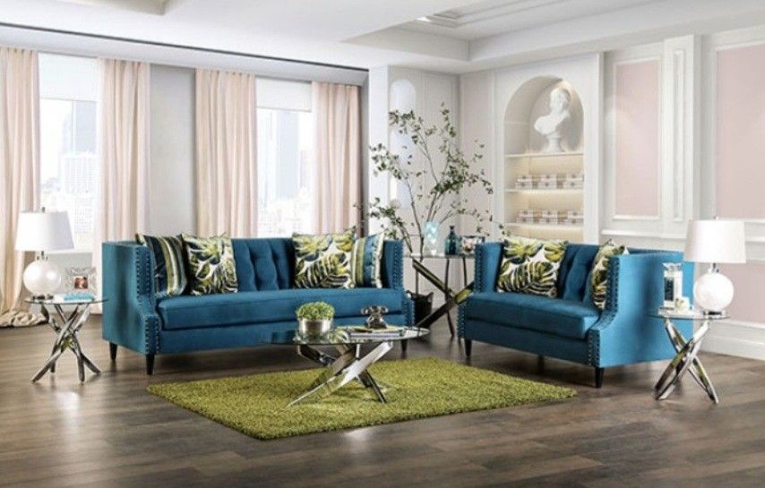 Brand New Teal & Apple Green Sofa & Loveseat (Pillows Included)