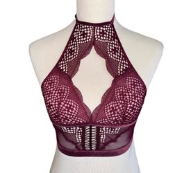 Victoria’s Secret Very Sexy Lace Halter Bralette XS/XP Burgundy Mesh Lingerie