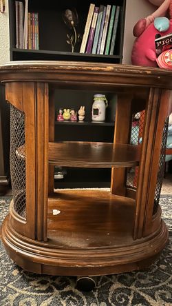 vintage wood drum side table with mesh side panels