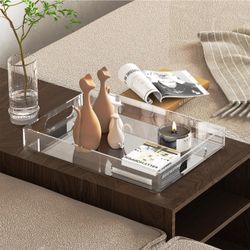 2 Pack Acrylic Serving Tray with Handle-17x12x2.4&16.2x11.2x2.4 Inch Clear Acrylic Trays Set for Kitchen,Bathroom -6mm Thick Large Stackable Display O