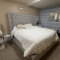 King Upholstered Bed Frame from Macy’s – Gray Tufted Headboard