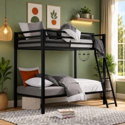 Black Twin Over Twin Metal Bunk Bed for Juniors, Industrial Frame with Inclined Stairs & Full-Length Guardrail