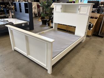 White Full Size Bookcase Bed Frame with Side Shelving