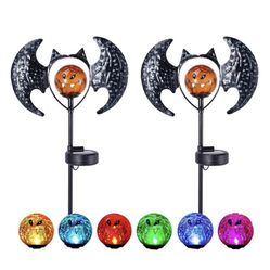 Two Pack  Color Changing Metal Solar Bats Halloween Path Lights for Yard