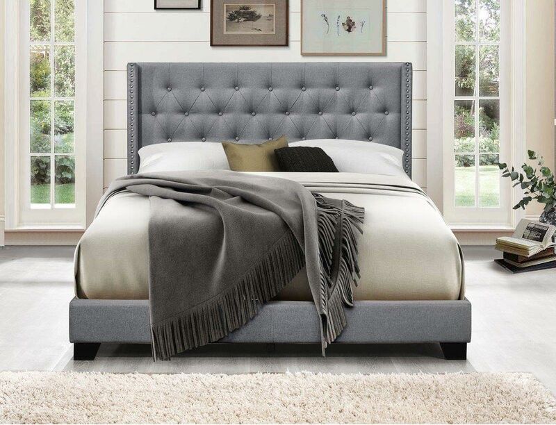 Gray Upholstered Low Profile Standard King Bed + 14" Mattress (Brand New, In Box) + 9" Box Spring