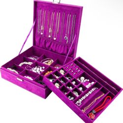 Purple Velvet Jewelry Box Organizer Case for Necklace Earrings Bracelets Rings 