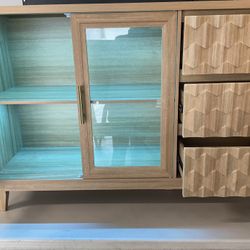 47” Modern Sideboard Or Wine Board Or Coffee Bar With 3 Deep Drawers & Glass Doors With LED Light Inside