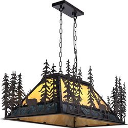 Tiffany Pool Table Light, 3 Lights Rustic Deer Chandelier for Kitchen Island Cabin, Billiard Fixture Hanging Pendant Lamp for ' 8' 9' Table, Farmhouse