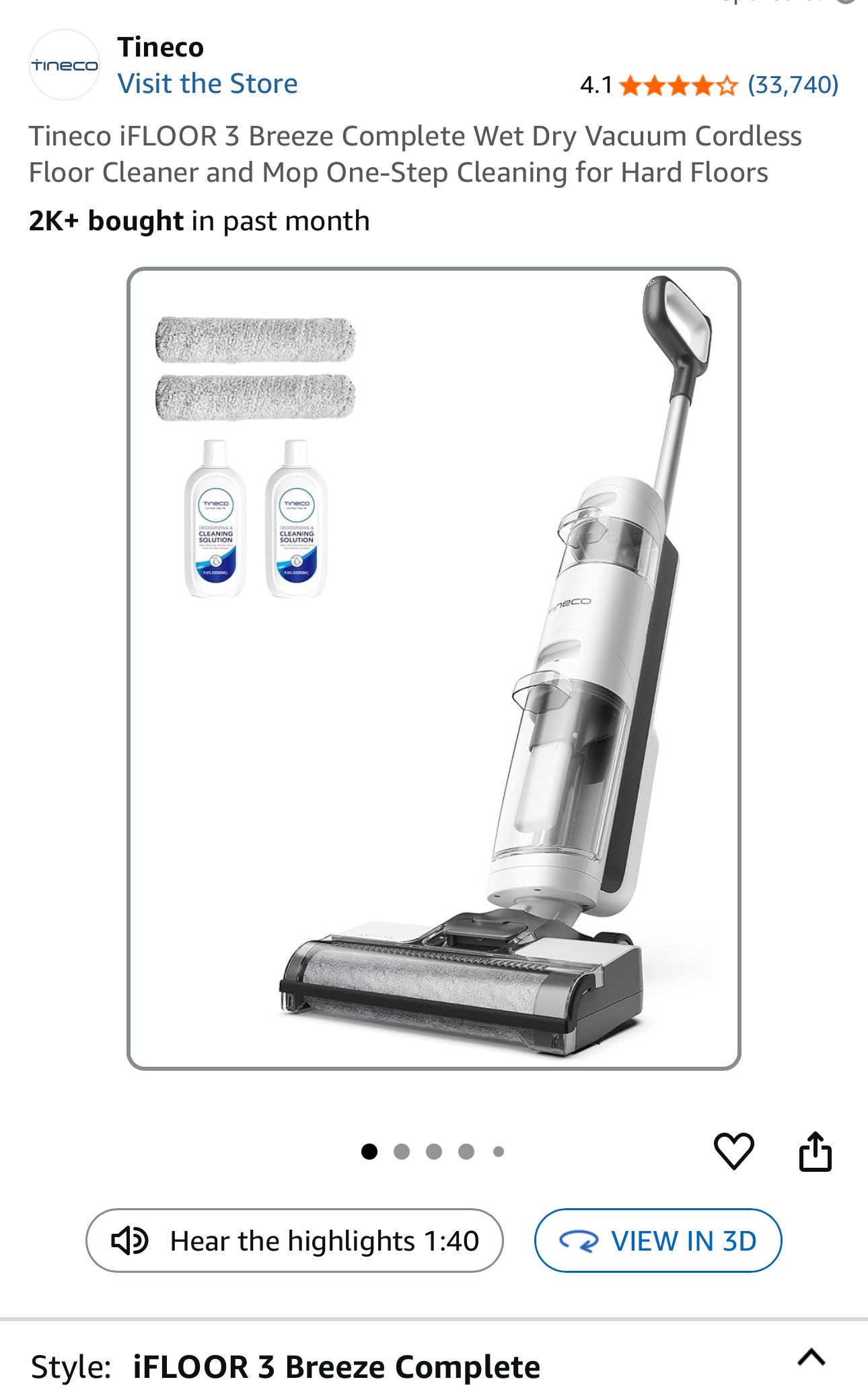 Tineco iFLOOR 3 Breeze Complete Wet Dry Vacuum Cordless Floor Cleaner and Mop One-Step Cleaning for