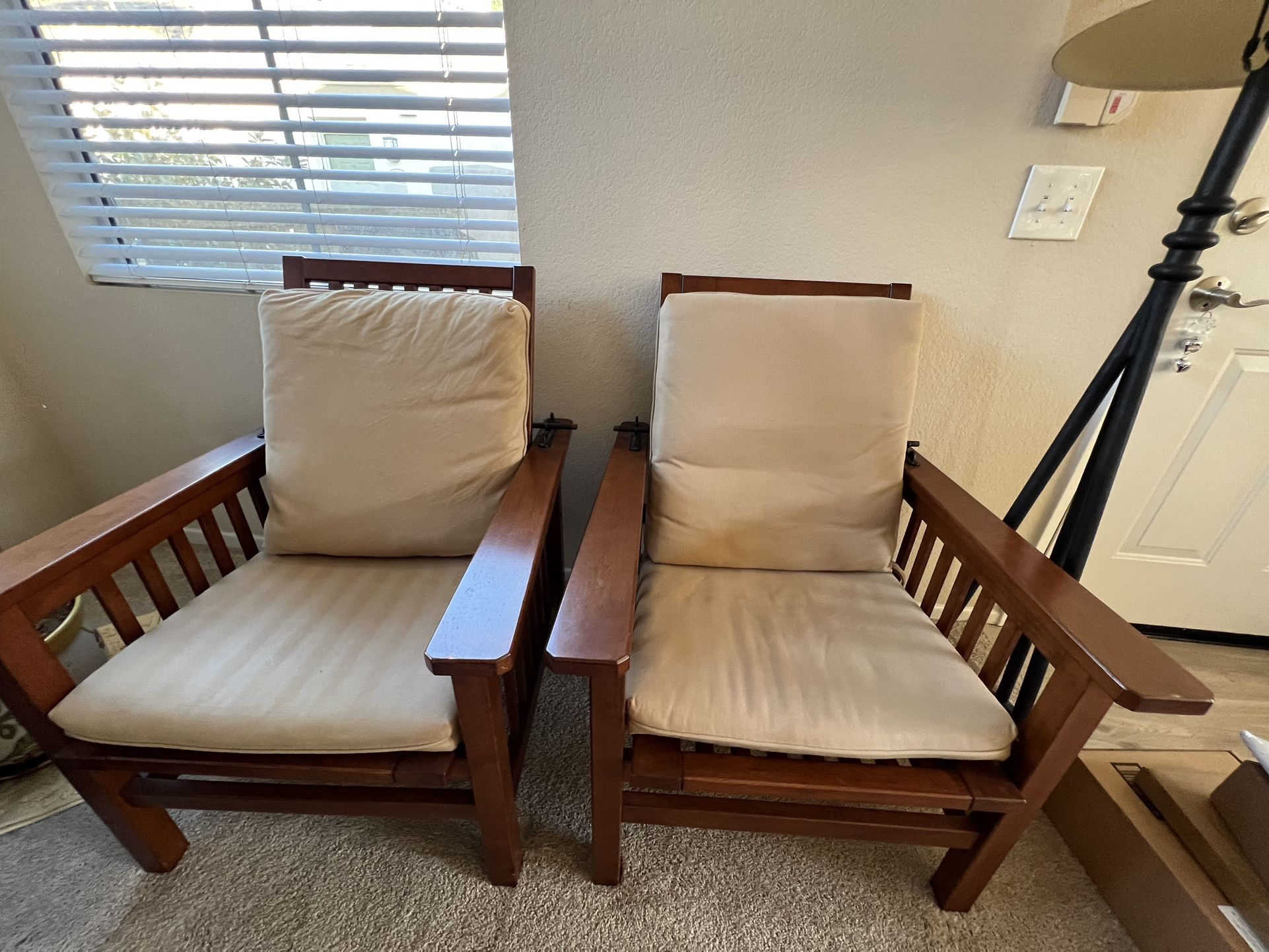 Crate & Barrel Solid Wood Adjustable Accent Chairs w/ Washable Cushions – Set of 2