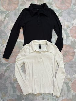 Set of 2 Shein Collared Button Long Sleeve Shirts Ribbed Large Regular Women's