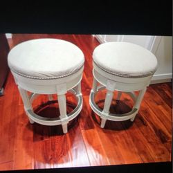 2 Kitchen Stools, Swivel, Linen Padded Seats