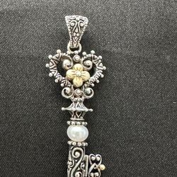 18K & Sterling Silver Designer Key Pendant 