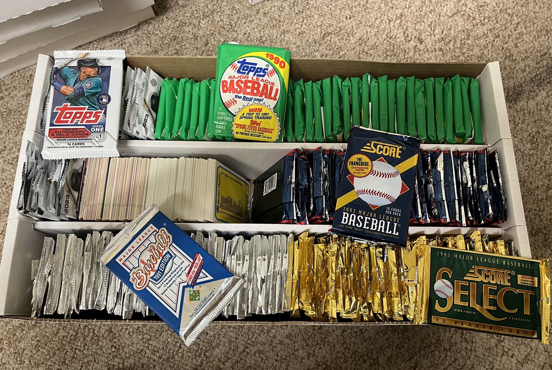 Box of Open Baseball Card Packs & Loose Cards