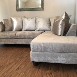 New Tan & Silver Sectional Sofa Couch With Pillows 