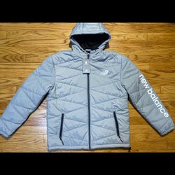 New Balance Hooded Puffer Tech Jacket-Grey/White-Size M New with Tags