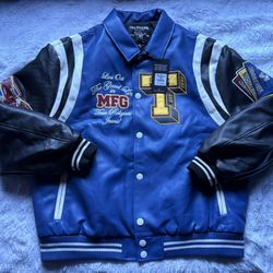 MSRP $269 True Religion Patch Embroidery Varsity Jacket Blue Black Mens Size 2XL