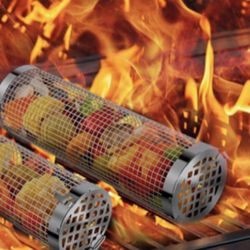 Brand New 1 Piece Rolling Grill Baskets, 2Pack Outdoor Veggies Grill BBQ Net Tube Tools Set, Stainless Steel Round Mesh Rotation Barbecue Cylinder Cag