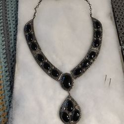 101 G Vintage Old Pawn Native American XL Sterling Silver + Black Onyx Necklace 