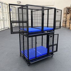 $280 (Brand New) Set of (2) stackable dog cage 37x25x64” heavy duty folding kennel w/ plastic tray 