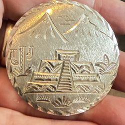 Large Sterling Silver Brooch Made In Mexico With Pyramid Designs 