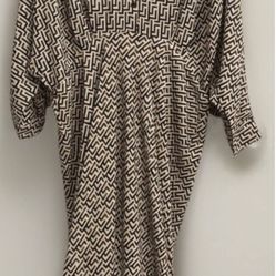 Express XL Button Front Shirt Dress Black Cream Geometric Long Sleeve Belted