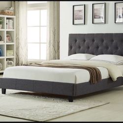 Brand New In Box Full Size Dark Grey Linen Upholstered Bed With Mattress. Assembly Required, We Can Deliver, Cama Con Colchon.