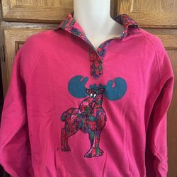 Vintage Hanes Size L Women's Pink with Moose Patched  Floral Sweatshirt 