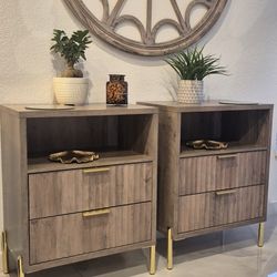 2 OVERSIZE NIGHTSTANDS IN GRAYGE COLOR AND GOLD METAL LEGS BRAND NEW AND ASSEMBLED 24X16X31H 