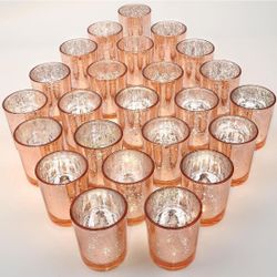 Set of 24 Candle Holders, Speckled Mercury Rose Gold Candle Holders for Wedding Centerpiece Table