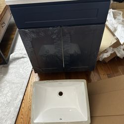 27” Bathroom Vanity | Blue | White Marble Counter | Modern Sink | Gold Handles