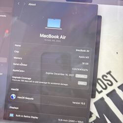 2025 Mac Book Air  M3 Apple Care Included Until 2027Hardly