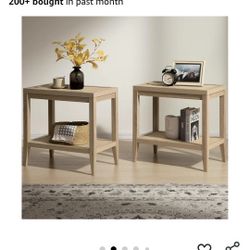 SICOTAS Rattan Nightstands Set of 2 - Boho Shelf Bedside Tables Narrow End Table Living Room Set of 2 Side Table with Rattan Storage Shelves for Small