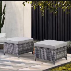 Gray Wicker Outdoor Ottoman, All-Weather Patio Ottomans (Set of 2) PE Wicker Steel Frame with Gray Cushions (2-Pack)