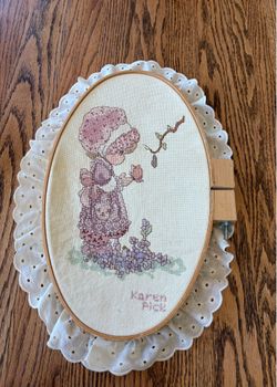 Vintage Precious Moments Cross-stitch piece in wooden hoop