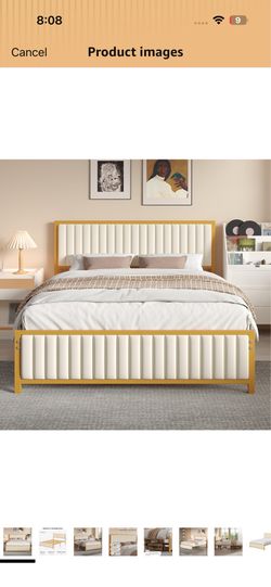 Queen Bed Frame with Upholstered Tufted Headboard & Footboard, Heavy Duty Steel Slats Platform, No Box Spring Needed, Beige